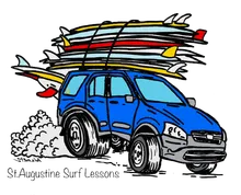 St. Augustine Surf Lessons logo: a car loaded with surfboards