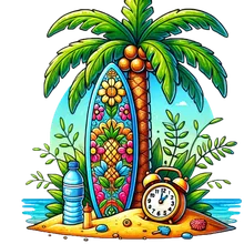Illustration of a surfboard, water bottle, and clock representing the standard lesson package