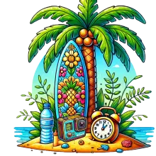 Illustration of a surfboard, GoPro camera, and clock representing the video lesson package